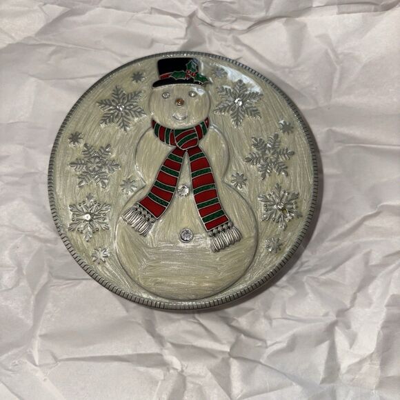 Olivia & Gracie Christmas Snowman Metal/Enamel Jewelry Trinket Box with Mirror - Picture 1 of 7